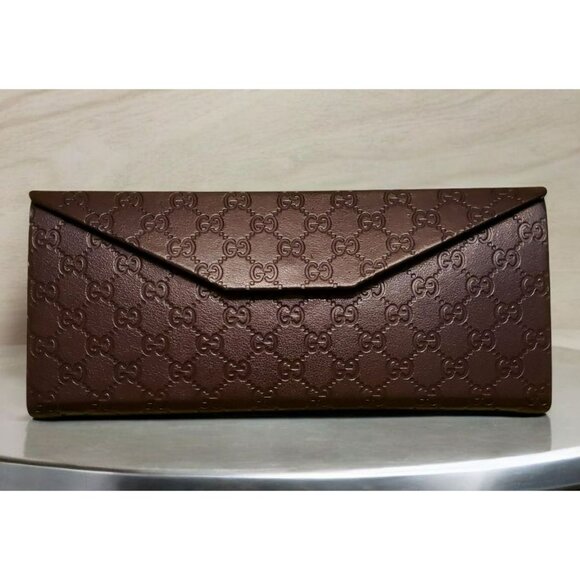 Gucci Accessories - Gucci Eyeglass Case Brown Leather Embossed GG Suede Interior Trifold Triangle